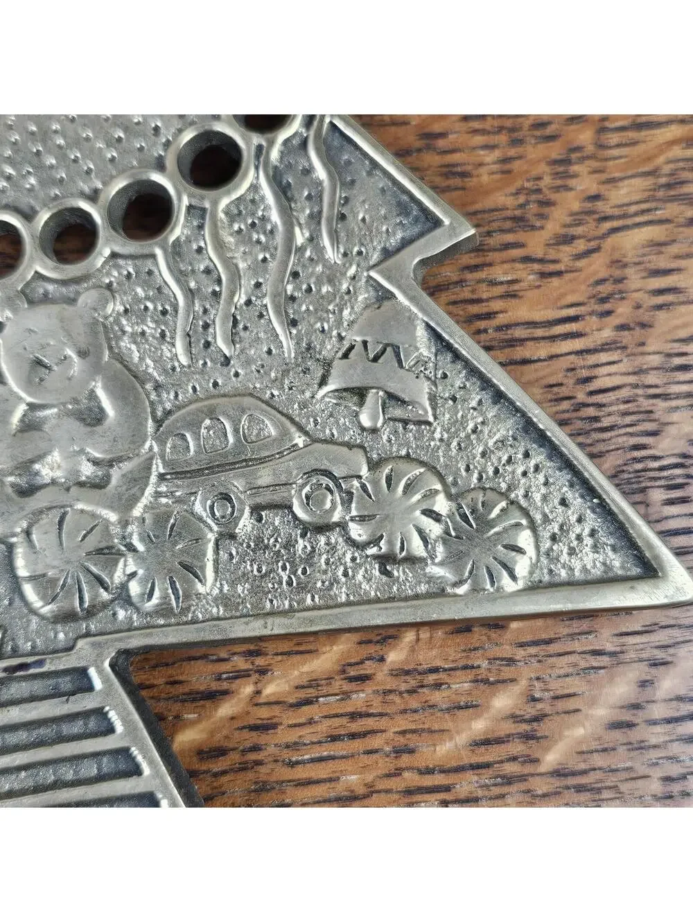 Vintage Solid Brass Christmas Tree Trivet | Teddy Bear Toy Car Kitchen Decor